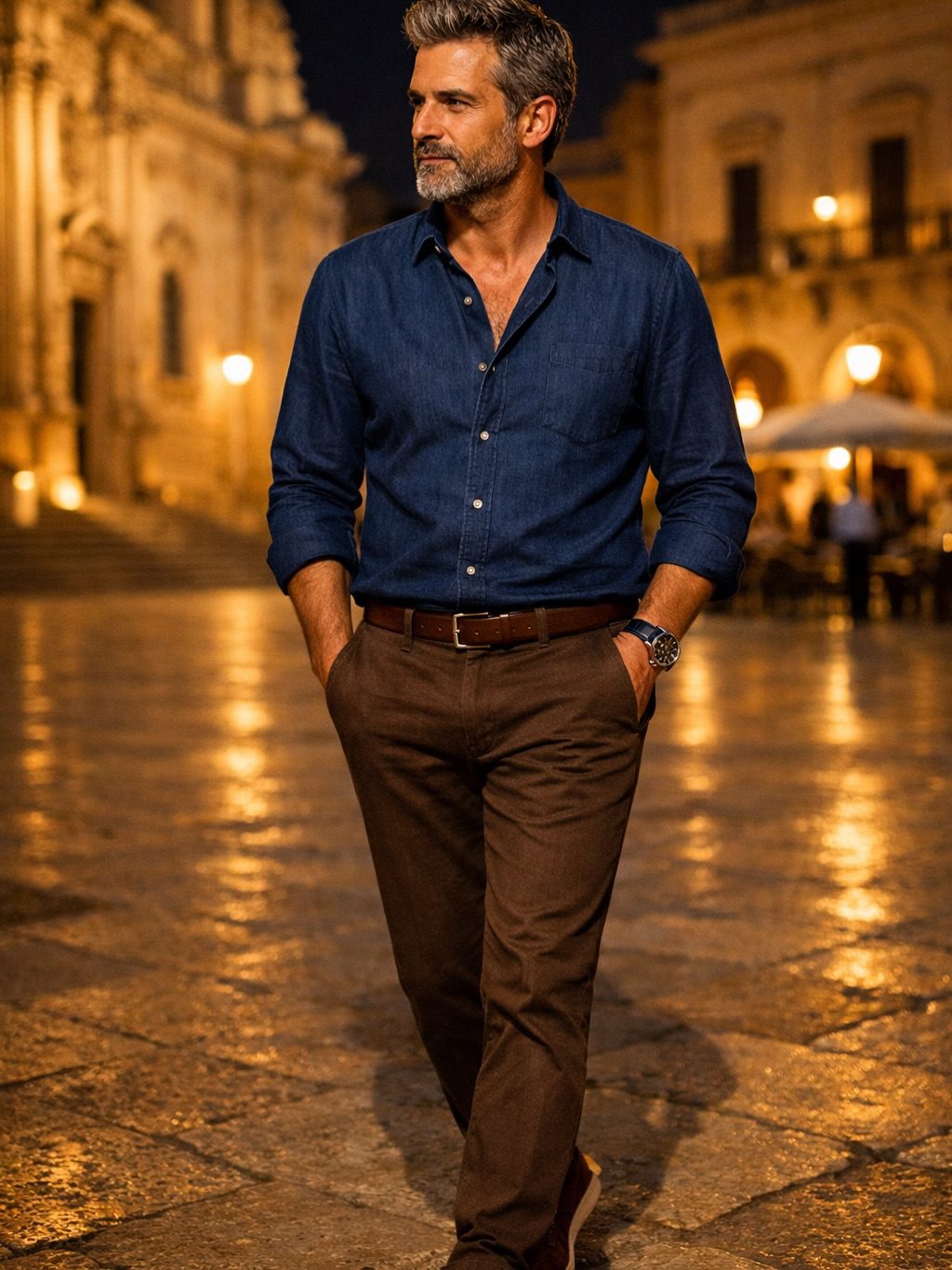 A Lecce, la sera cambia il ritmo. Anche l’eleganza diventa più rilassata. Niente costruzioni rigide. Solo equilibrio, dettagli e presenza. Vestirsi bene non significa apparire perfetti. Significa sentirsi coerenti.