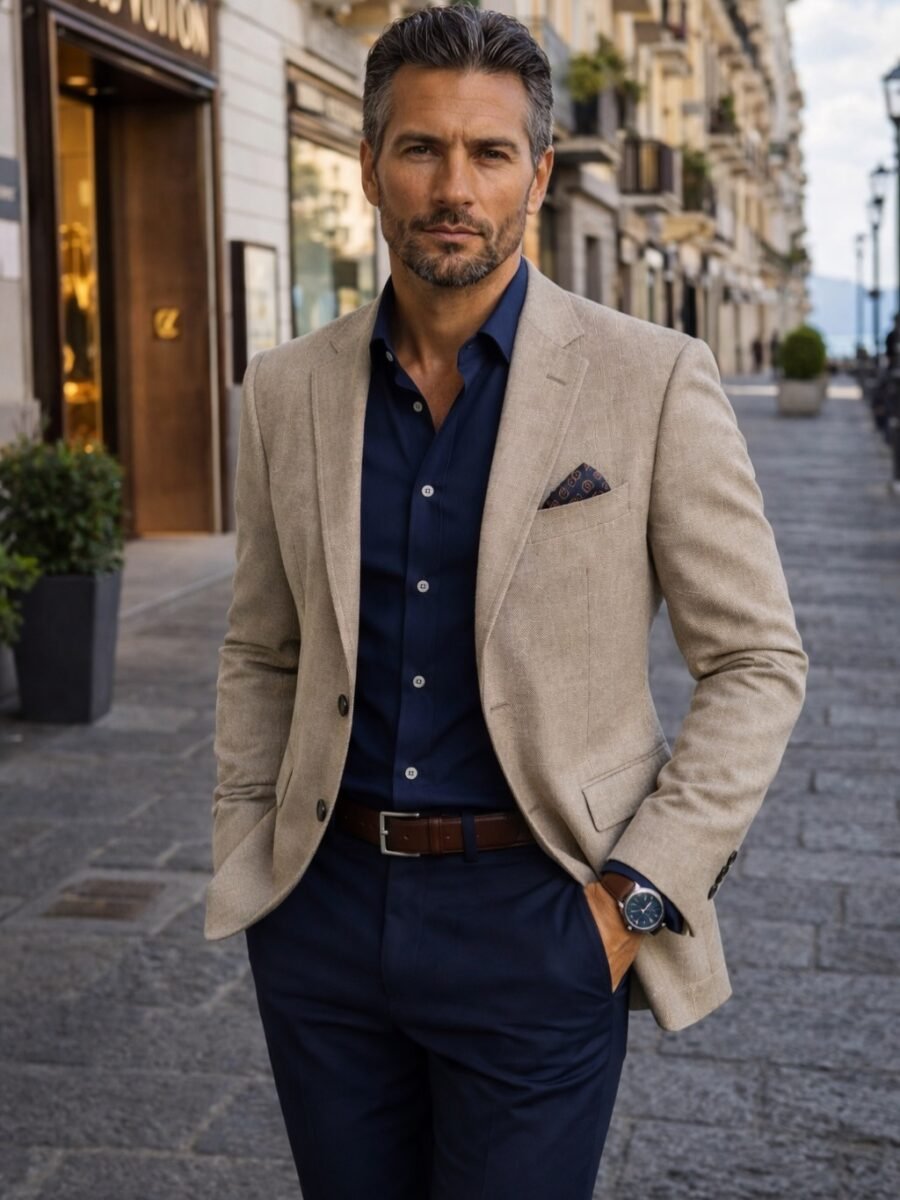 Il suo stile è un dialogo tra eleganza e autenticità: blazer sabbia, camicia blu profondo, pelle marrone che racconta esperienze, non tendenze.