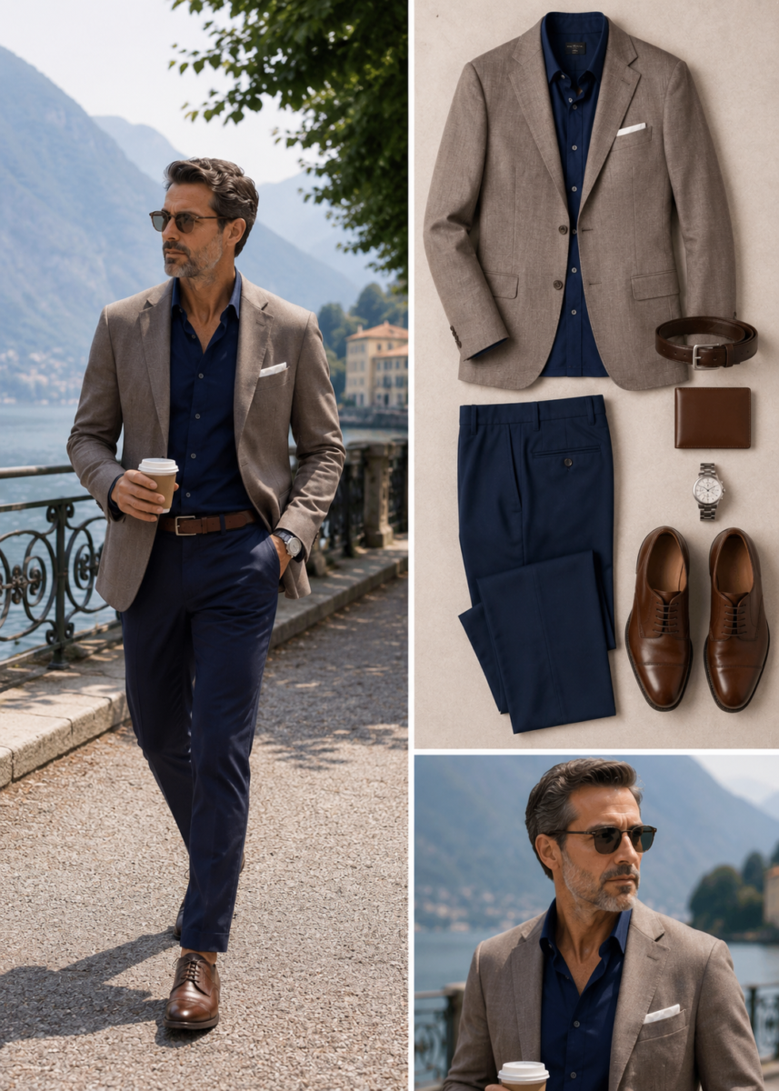 blazer sabbia, camicia navy e dettagli in pelle testa di moro raccontano un’eleganza business casual essenziale e raffinata