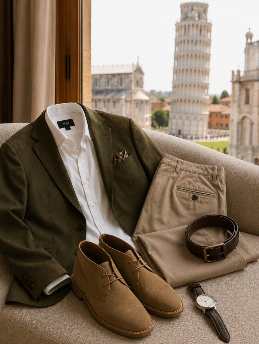 Outfit Blazer verde oliva, camicia bianca impeccabile e suede desert boots...