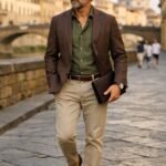 Le blazer structure la silhouette. La chemise adoucit l'ensemble. Le pantalon clair illumine la tenue.
