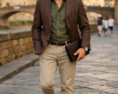 El blazer aporta estructura. La camisa suaviza el tono. Los pantalones de color claro iluminan el conjunto.