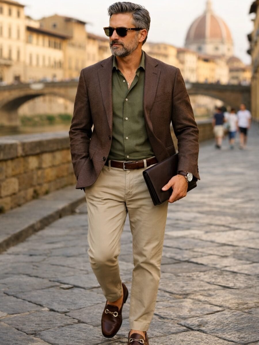 Il blazer struttura. La camicia rilassa il tono. Il pantalone chiaro illumina l’insieme