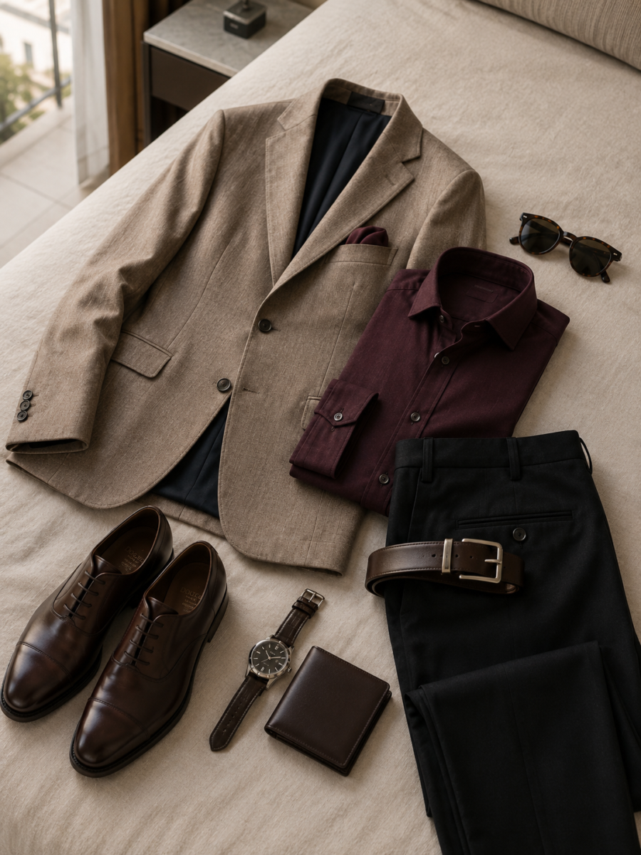 Blazer beige, camicia bordeaux e scarpe testa di moro.