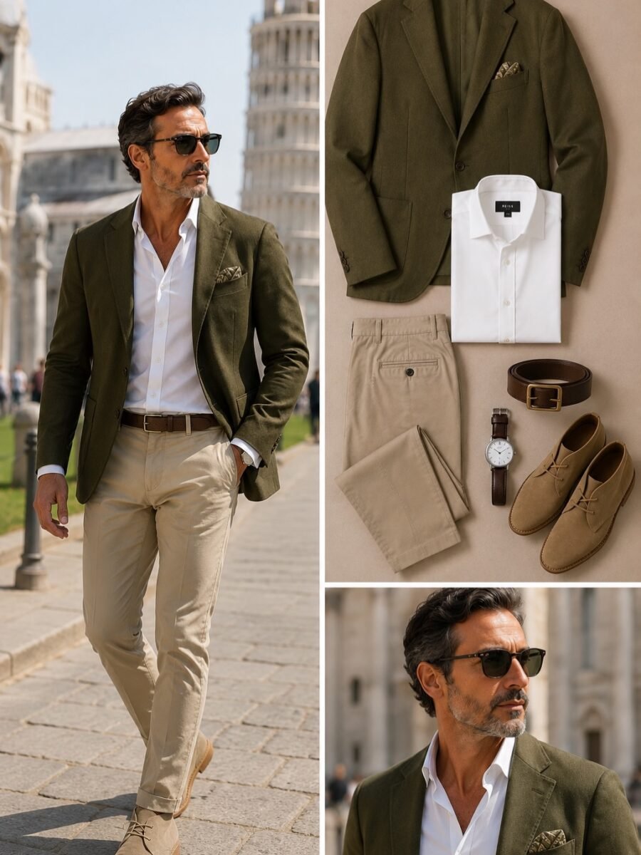 Outfit Blazer verde oliva, camicia bianca impeccabile e suede desert boots...