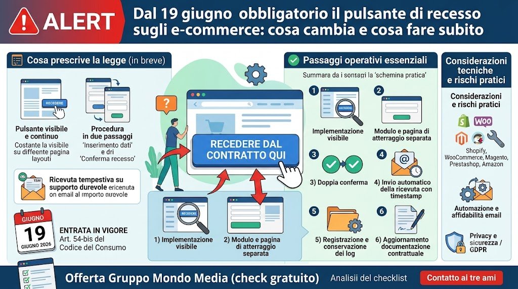 Dal 19 giugno il pulsante di recesso negli e-commerce diventa obbligatorio: cosa devono sapere imprenditori e professionisti.