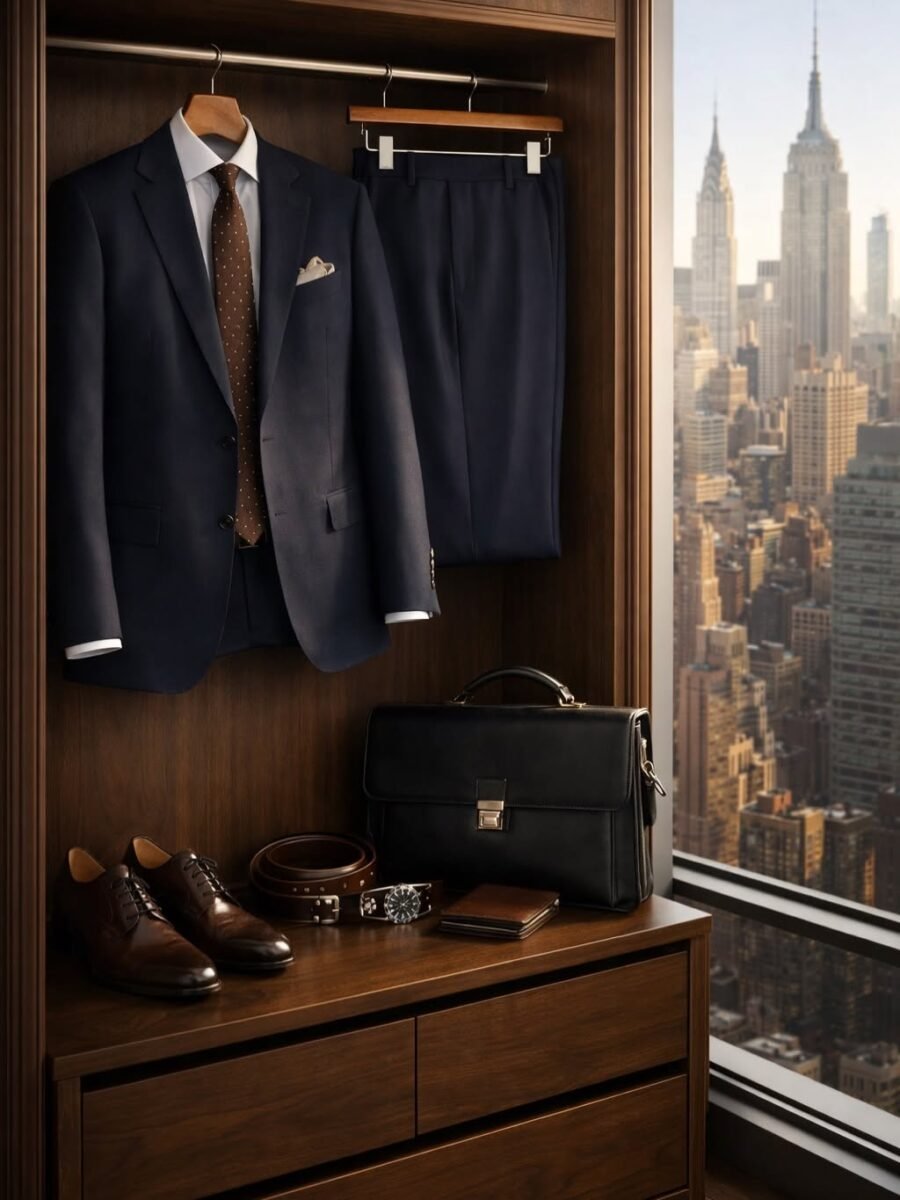 Abito sartoriale blu navy dal taglio contemporaneo e costruzione leggera.