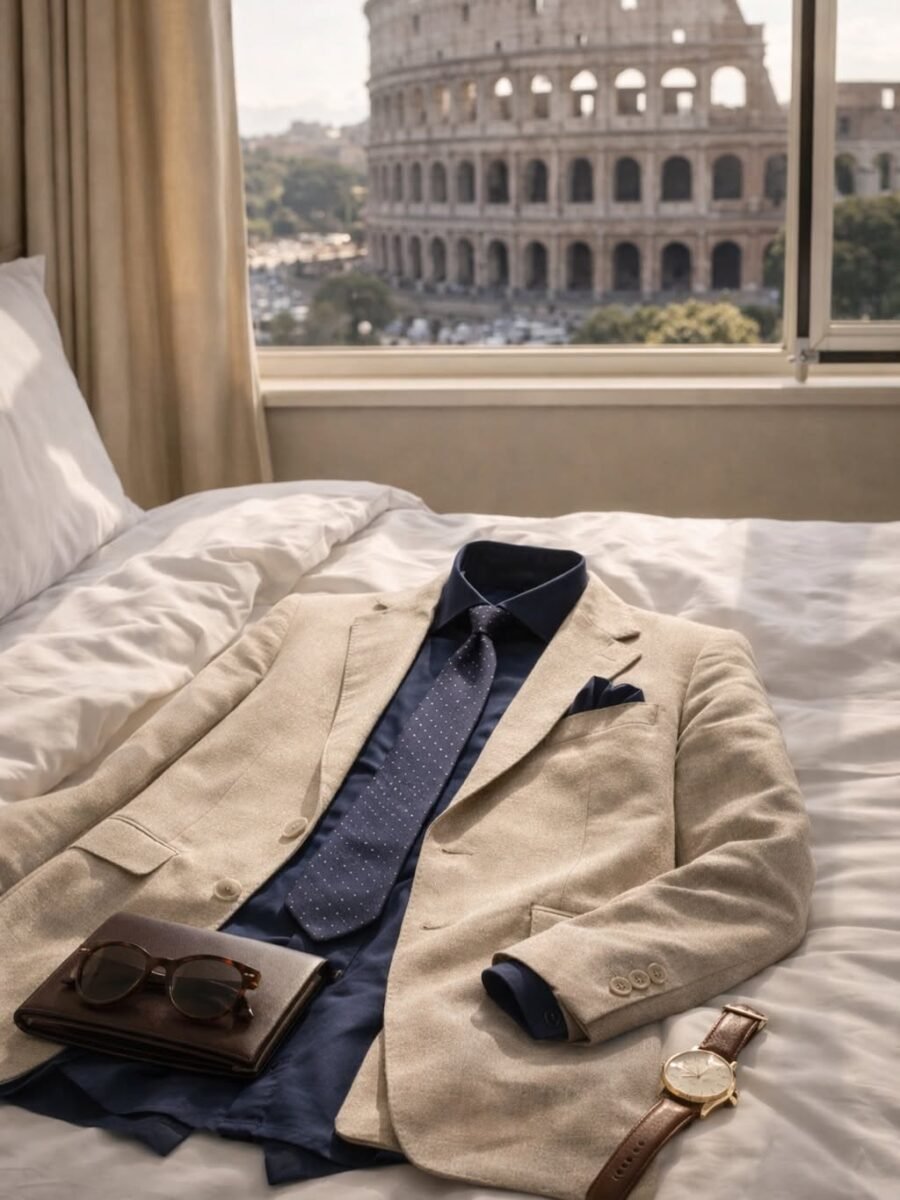 Blazer beige sabbia in lino e cotone, leggero, destrutturato e perfetto per affrontare le temperature estive senza rinunciare all'eleganza.