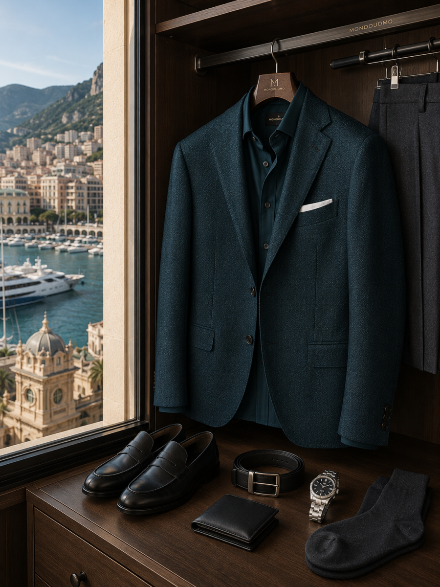 Blazer petrolio, pantaloni sartoriali antracite e dettagli essenziali raccontano un uomo che non ha bisogno di seguire il rumore per distinguersi.