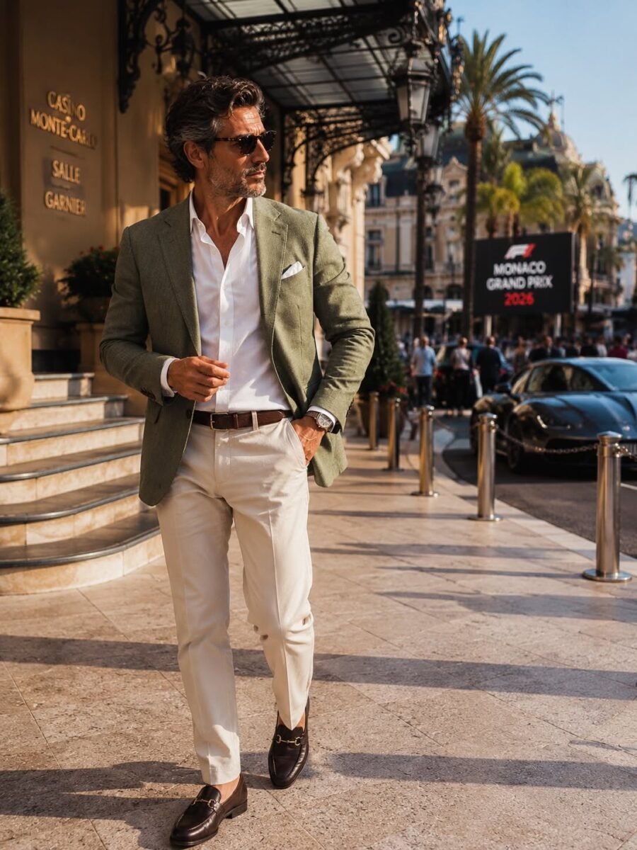 Blazer verde salvia, camicia bianca impeccabile, pantaloni chiari e dettagli scelti con misura. Perché l’eleganza, anche nel weekend del Gran Premio di Monte-Carlo, non vive negli eccessi.