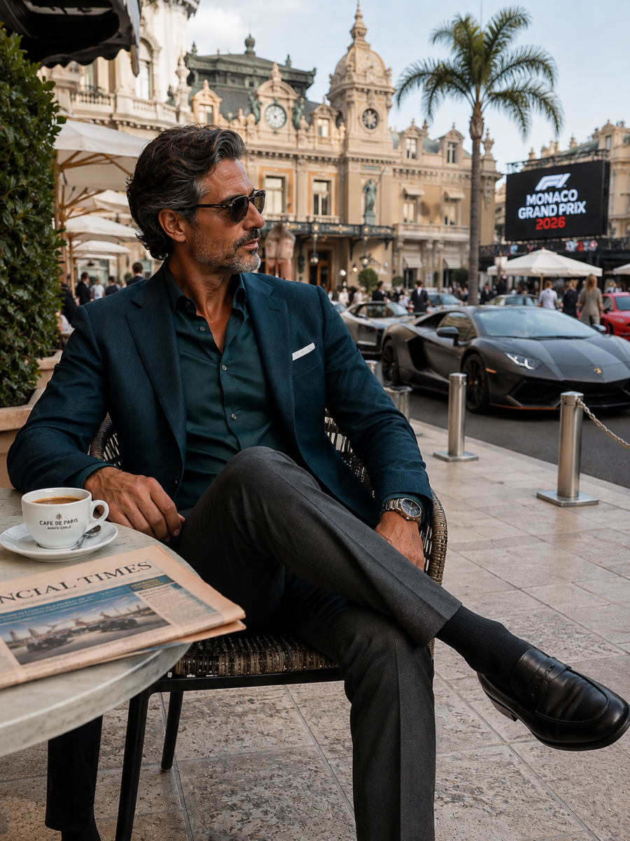 Blazer petrolio, pantaloni sartoriali antracite e dettagli essenziali raccontano un uomo che non ha bisogno di seguire il rumore per distinguersi.
