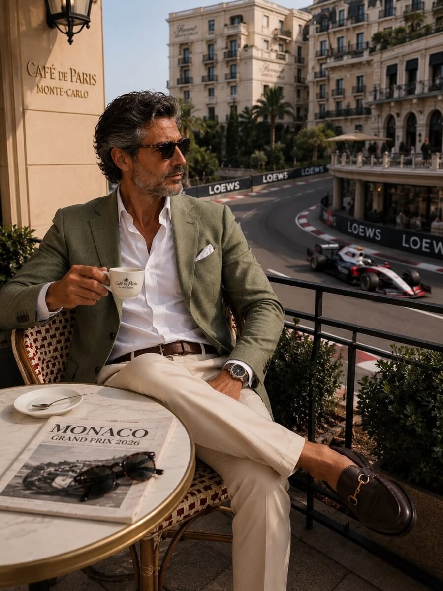 Blazer verde salvia, camicia bianca impeccabile, pantaloni chiari e dettagli scelti con misura. Perché l’eleganza, anche nel weekend del Gran Premio di Monte-Carlo, non vive negli eccessi.