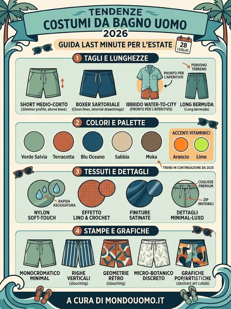 Per l'estate 2026, la moda mare maschile punta sull'eleganza versatilità e su tagli sartoriali