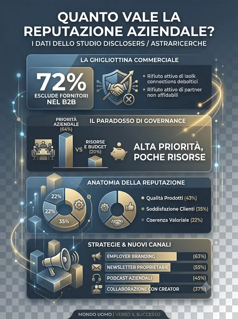 La reputazione aziendale vale l'accesso stesso al mercato. Secondo lo studio "La nuova economia della reputazione" (Disclosers / AstraRicerche), quasi il 70% delle imprese italiane (72% nel B2B) rifiuta attivamente di fare affari con partner o fornitori dalla reputazione dubbia