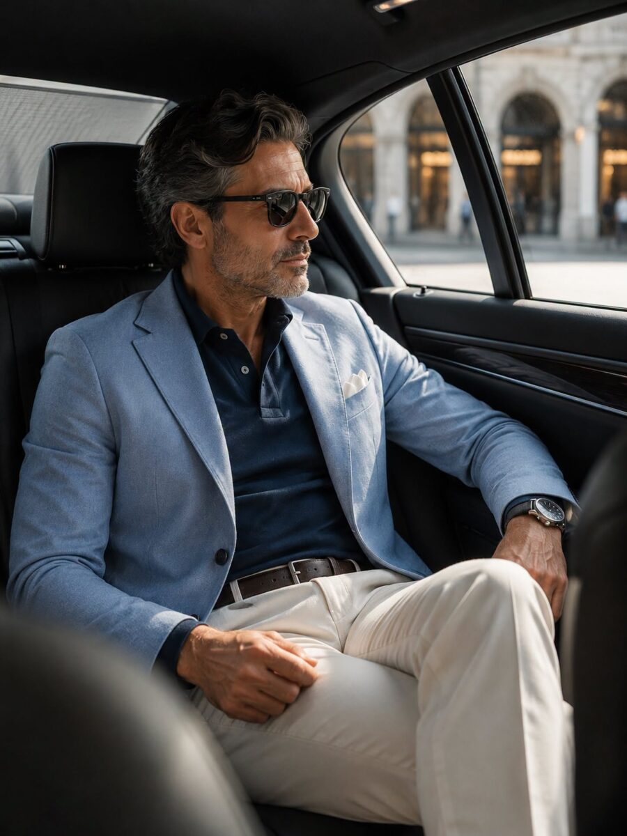 L’uomo MondoUomo.it torna a casa dopo una giornata ricca di risultati. Seduto nel taxi, il traffico rallenta il ritmo, ma non l’eleganza.