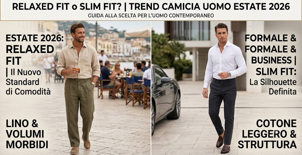 Per l’estate 2026 il trend dominante è il Relaxed Fit (o regular morbida e ben proporzionata). Le collezioni uomo e i trend setter puntano su volumi confortevoli, spalle leggermente scese e capi destrutturati in lino, cotone leggero o popover. La camicia Slim Fit non scompare, ma viene riservata soprattutto a contesti formali, completi business sartoriali o per chi desidera una linea molto asciutta. Per un look contemporaneo, la regola stilistica è scegliere una vestibilità che lasci qualche centimetro tra tessuto e corpo, evitando l'effetto oversize "a sacco".