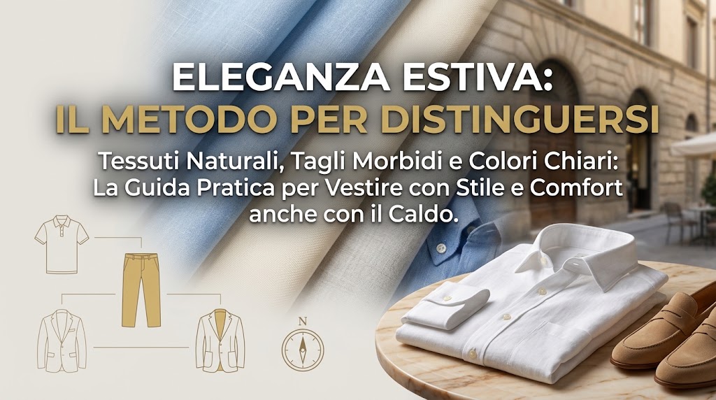 Vestire con eleganza durante l'estate richiede tre scelte precise: tessuti naturali e traspiranti come lino e cotone, vestibilità leggermente ampie che favoriscono la circolazione dell'aria, e una palette di colori chiari.