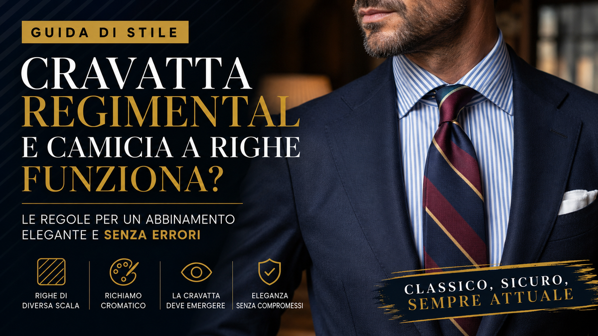 Abbinare una cravatta regimental ad una camicia a righe è possibile e può risultare elegante, a patto di rispettare una regola fondamentale: le righe dei due capi devono avere spessore e ritmo diversi
