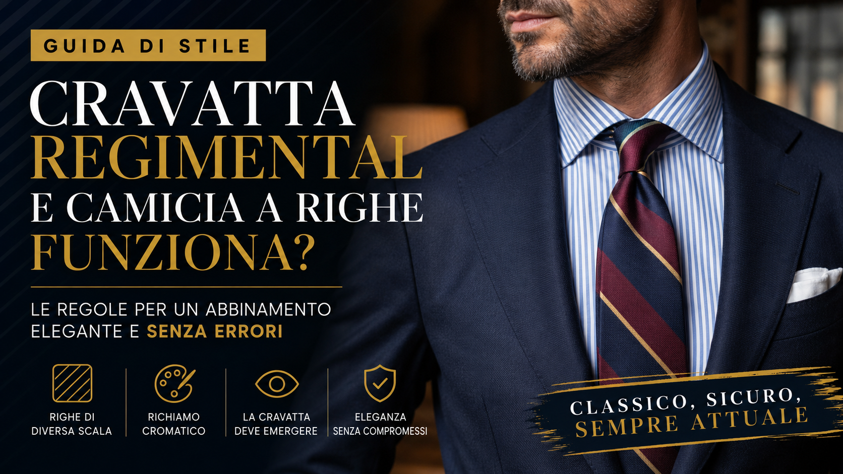 Abbinare una cravatta regimental ad una camicia a righe è possibile e può risultare elegante, a patto di rispettare una regola fondamentale: le righe dei due capi devono avere spessore e ritmo diversi