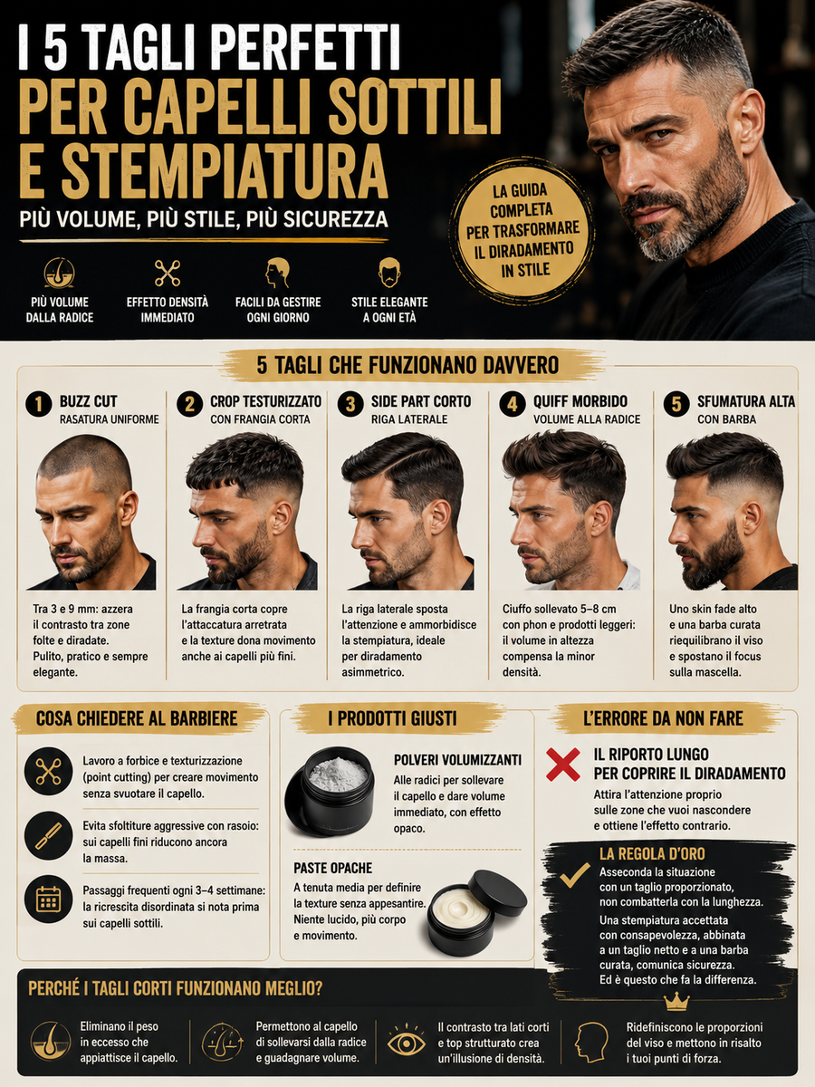 I migliori tagli per un con capelli sottili oppure in presenza di una stempiatura evidente sono quelli corti e strutturati