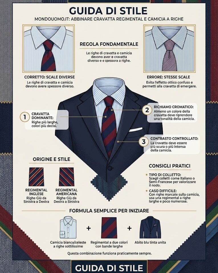 Abbinare una cravatta regimental ad una camicia a righe è possibile e può risultare elegante, a patto di rispettare una regola fondamentale: le righe dei due capi devono avere spessore e ritmo diversi