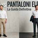 Chino e pantaloni eleganti non sono intercambiabili: i primi nascono in cotone twill per un look casual e versatile, i secondi in tessuti di lana o misti pregiati per un'eleganza formale, con piega stirata e vestibilità sartoriale.