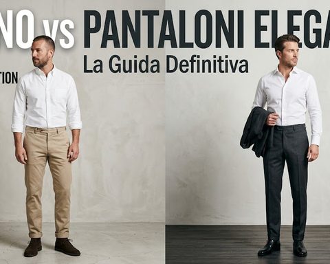 Chino e pantaloni eleganti non sono intercambiabili: i primi nascono in cotone twill per un look casual e versatile, i secondi in tessuti di lana o misti pregiati per un'eleganza formale, con piega stirata e vestibilità sartoriale.