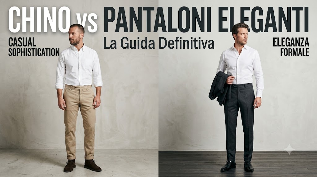 Chino e pantaloni eleganti non sono intercambiabili: i primi nascono in cotone twill per un look casual e versatile, i secondi in tessuti di lana o misti pregiati per un'eleganza formale, con piega stirata e vestibilità sartoriale.