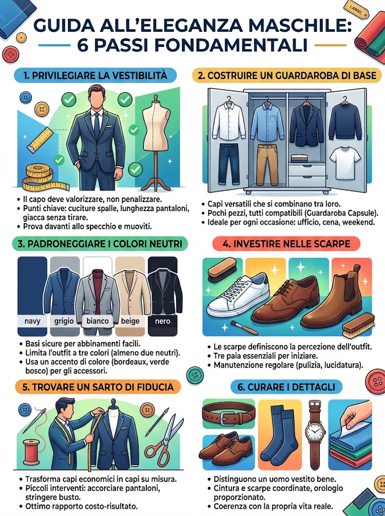 Vestire bene da uomo non significa spendere di più, ma scegliere meglio; i sei passi fondamentali che consigliamo sono: privilegiare la vestibilità, costruire un guardaroba di base, padroneggiare i colori neutri, investire nelle scarpe, trovare un sarto di fiducia e curare i dettagli
