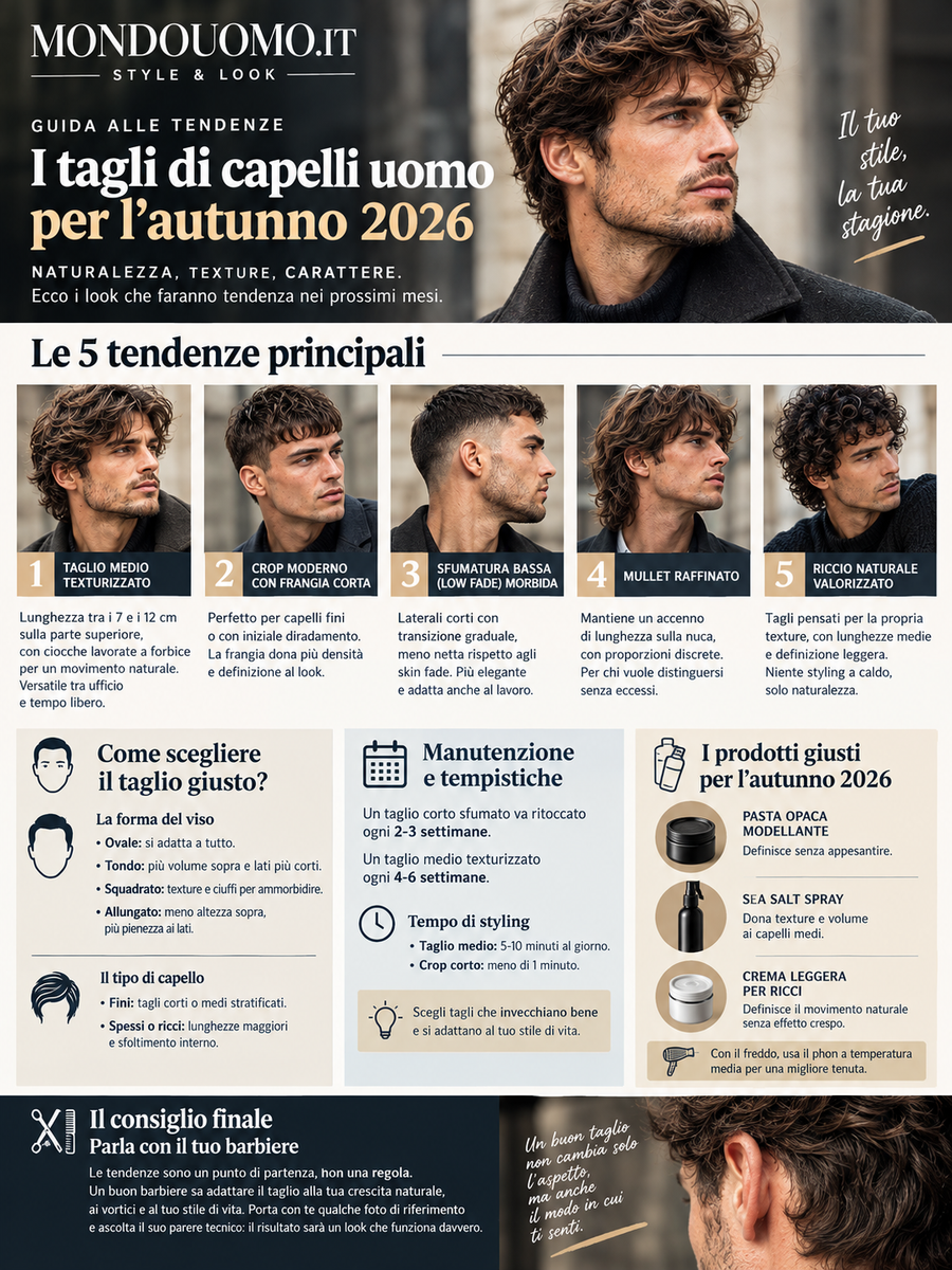 Tagli capelli uomo autunno 2026: ecco le tendenze da conoscere e come sceglierle (infografica)